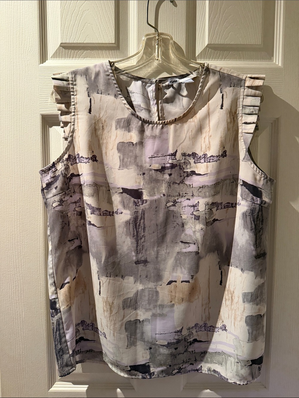 Sleeveless Abstract Print Ruffle-Shoulder Camisole in Cream, Gray & Lavender - Picture 1 of 7